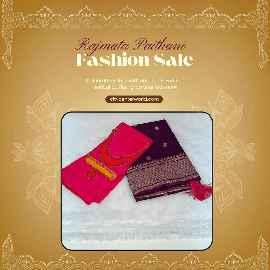 City Center Rajmata Paithani silk saree in deep purple with gold zari border and pink blouse with crescent moon motif