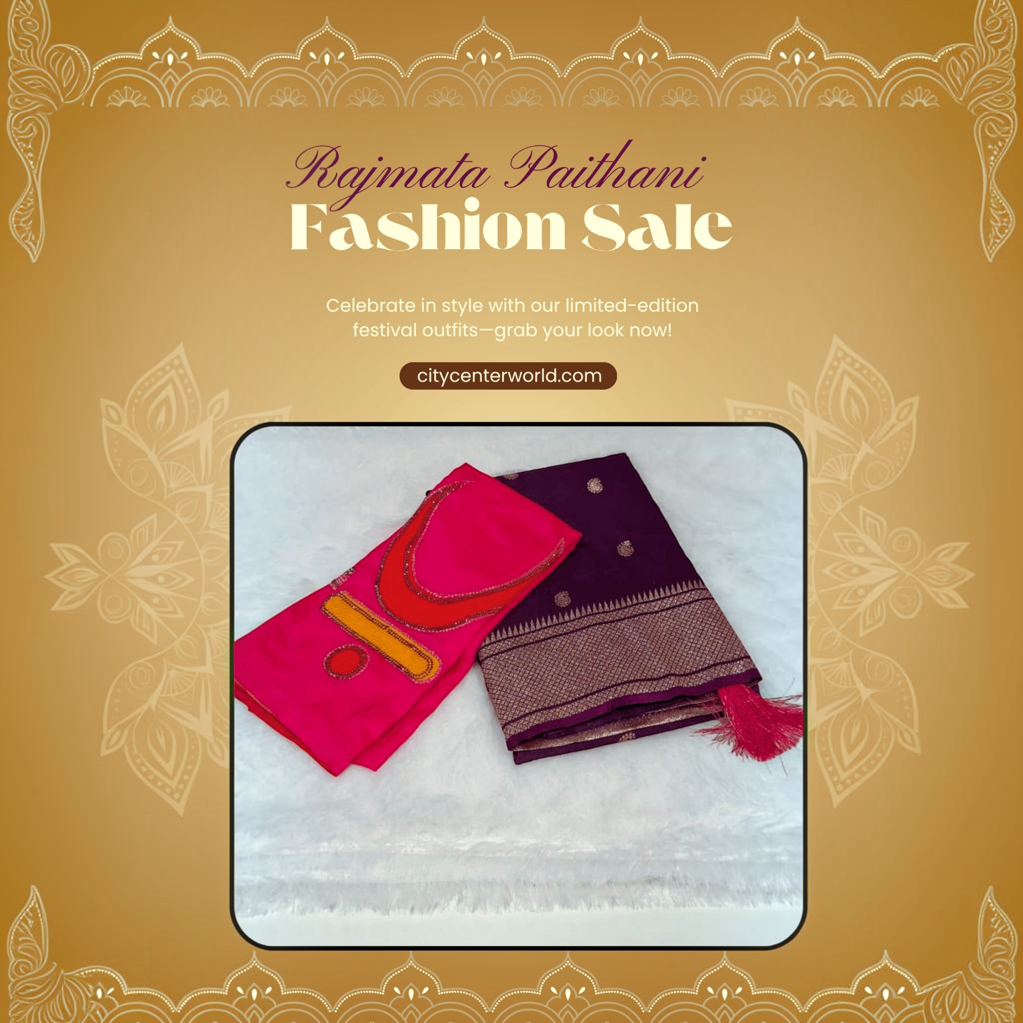 City Center Rajmata Paithani silk saree in deep purple with gold zari border and pink blouse with crescent moon motif