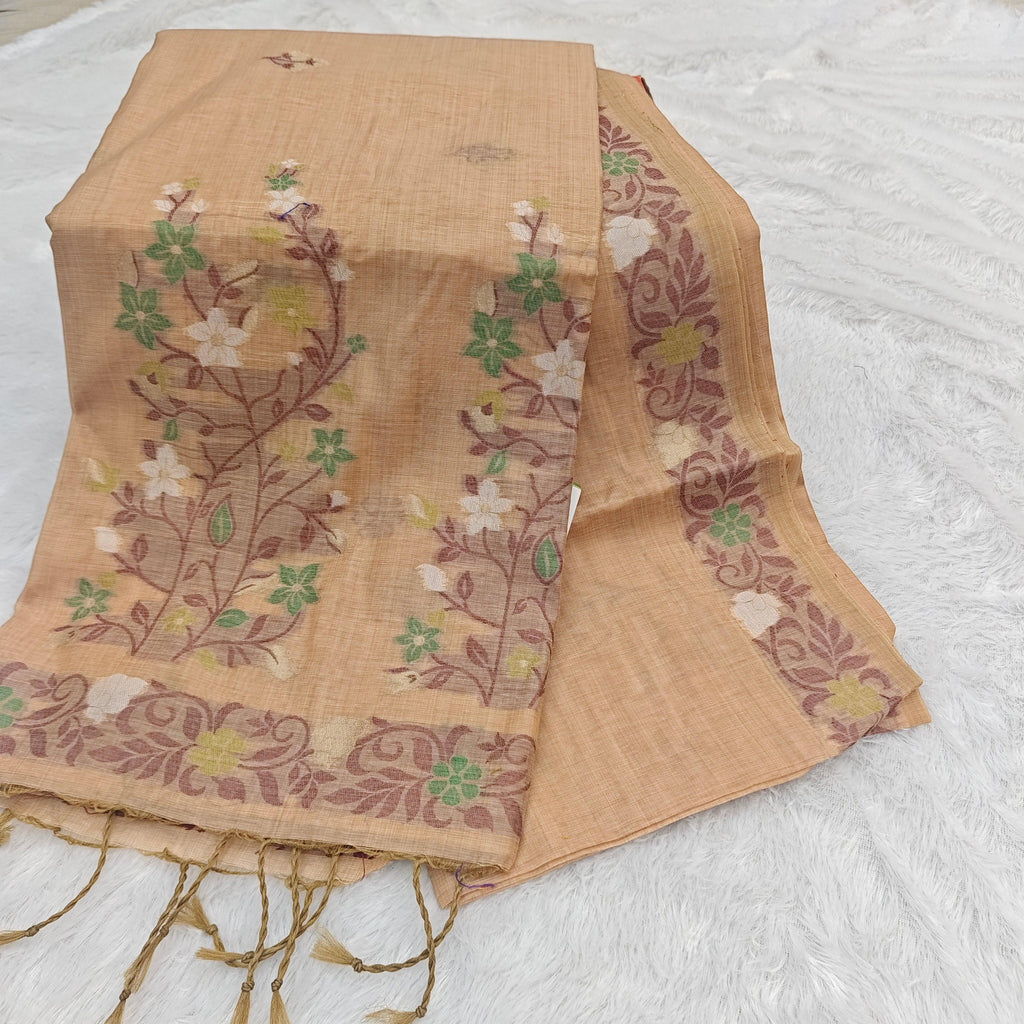 City Center pure cotton saree in peach with intricate floral pallu and delicate tassel details