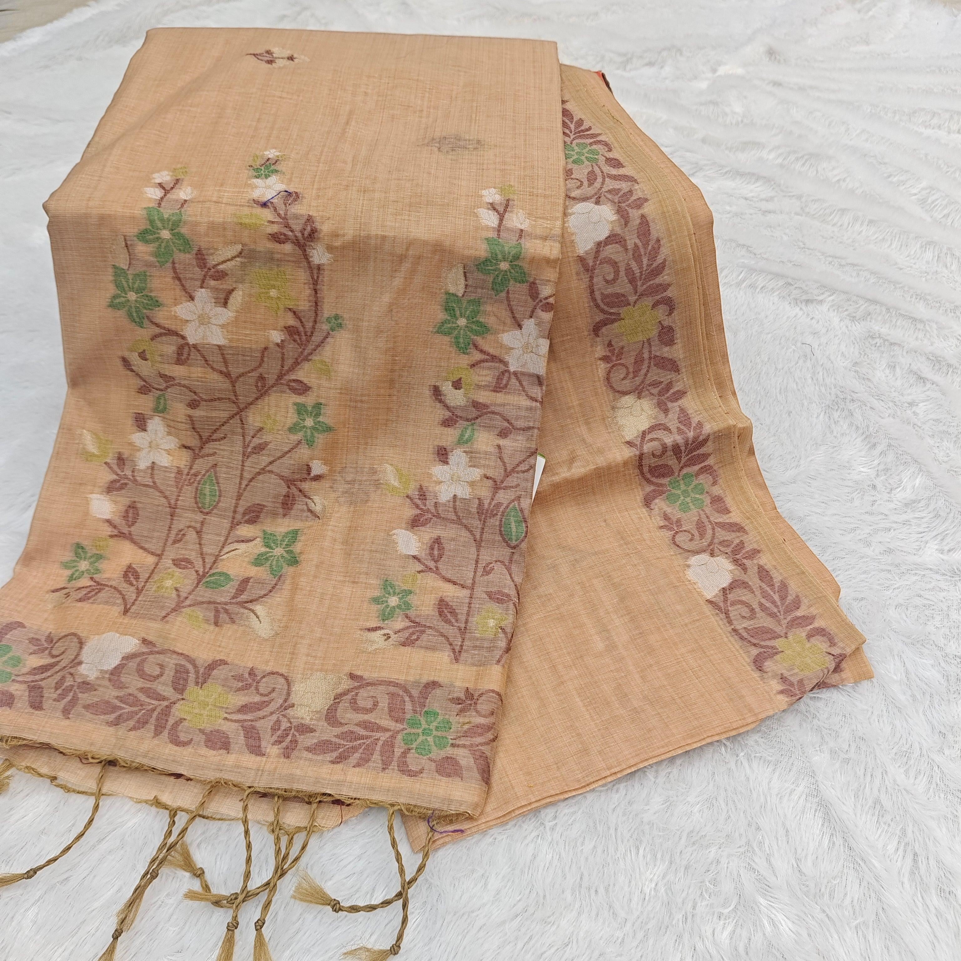 City Center pure cotton saree in peach with intricate floral pallu and delicate tassel details