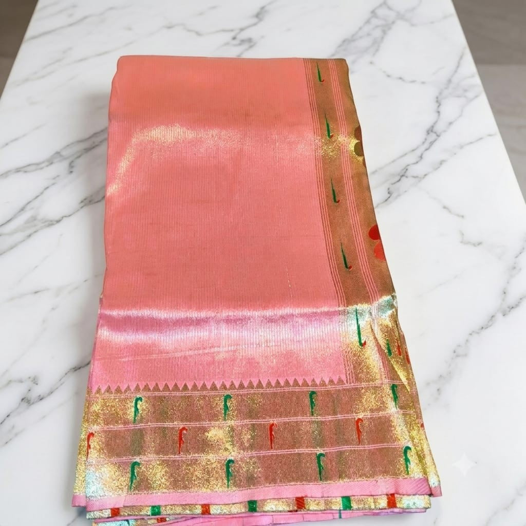 City Center Muniya Paithani silk saree in peach with gold zari border and traditional green parrot motifs