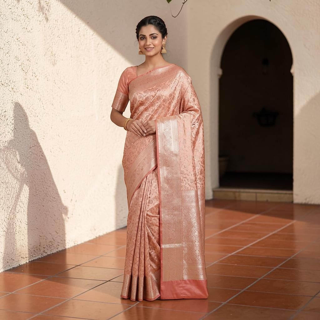 City Center premium peach satin Shalu saree with intricate all-over gold Jari embroidery for weddings and festivals.