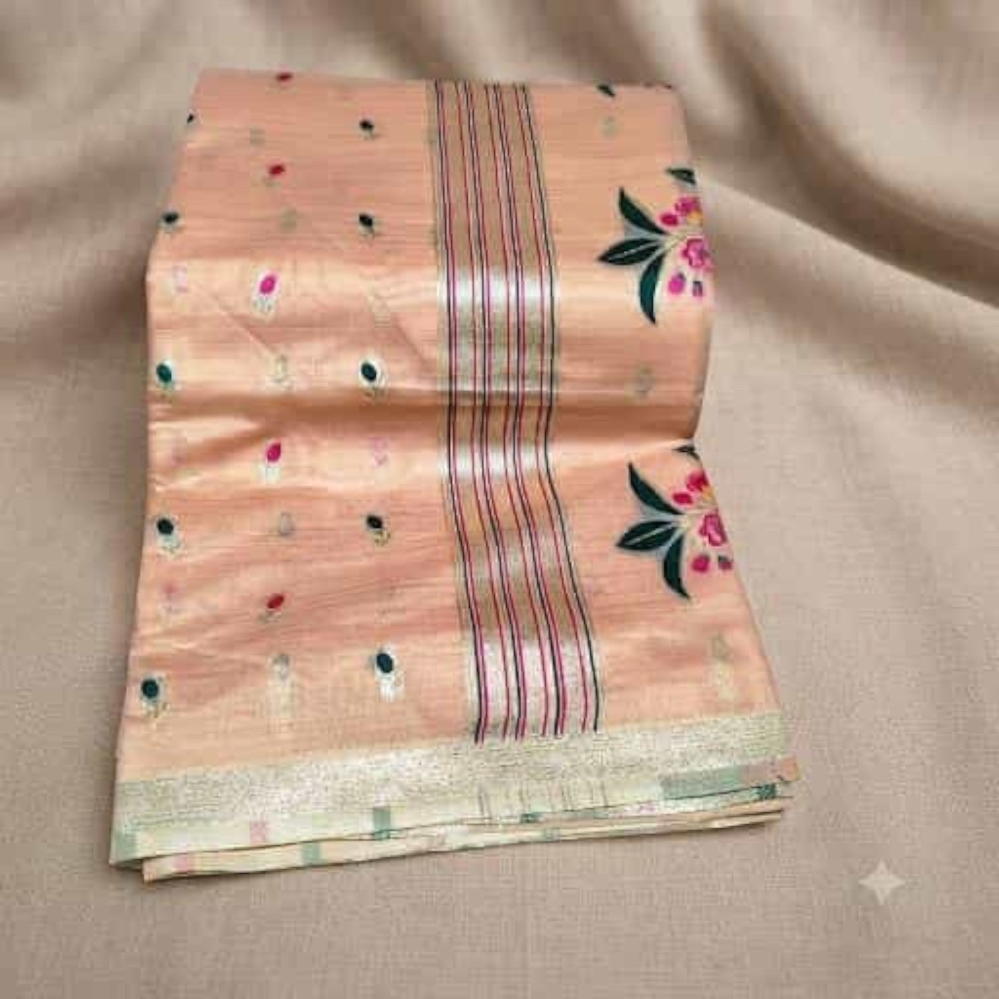 City Center peach silk Jamdani saree featuring intricate floral motifs and a metallic striped border