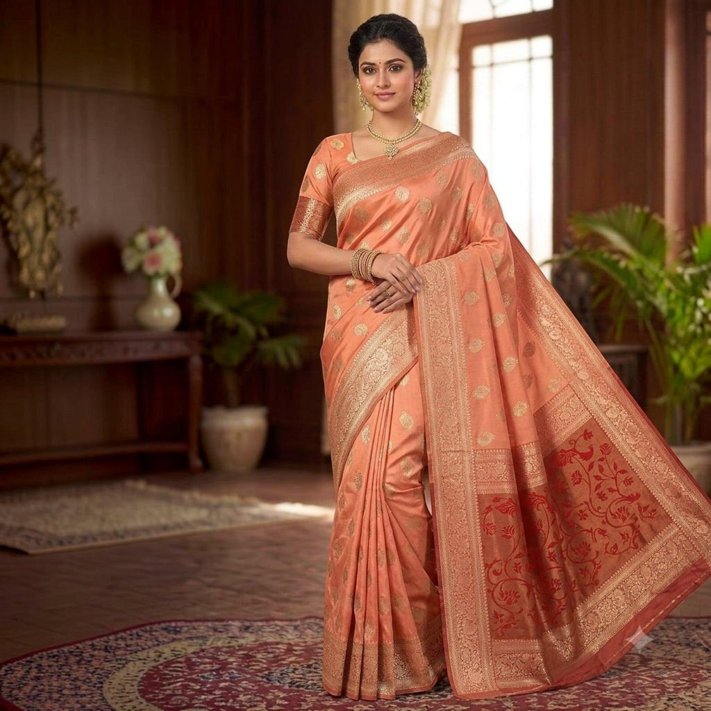 City Center peach silk saree with intricate gold zari weaving and floral motifs worn by a woman in a formal setting