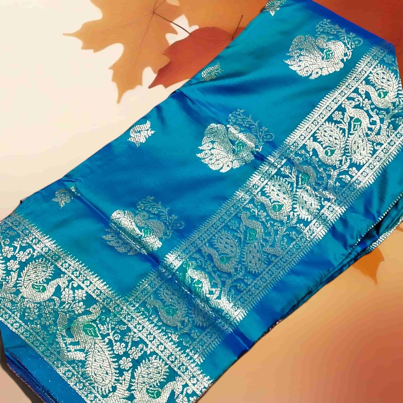 City Center Premium Peshwai Sadi in midnight blue pure silk with intricate silver zari peacock and paisley motifs