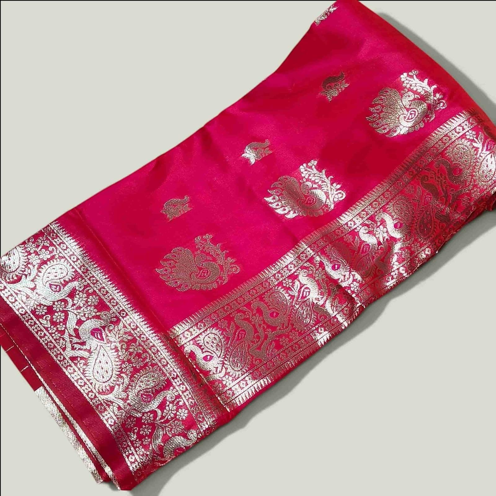 City Center Premium Peshwai Sadi in Maharani Red pure silk with intricate silver zari peacock and paisley motifs