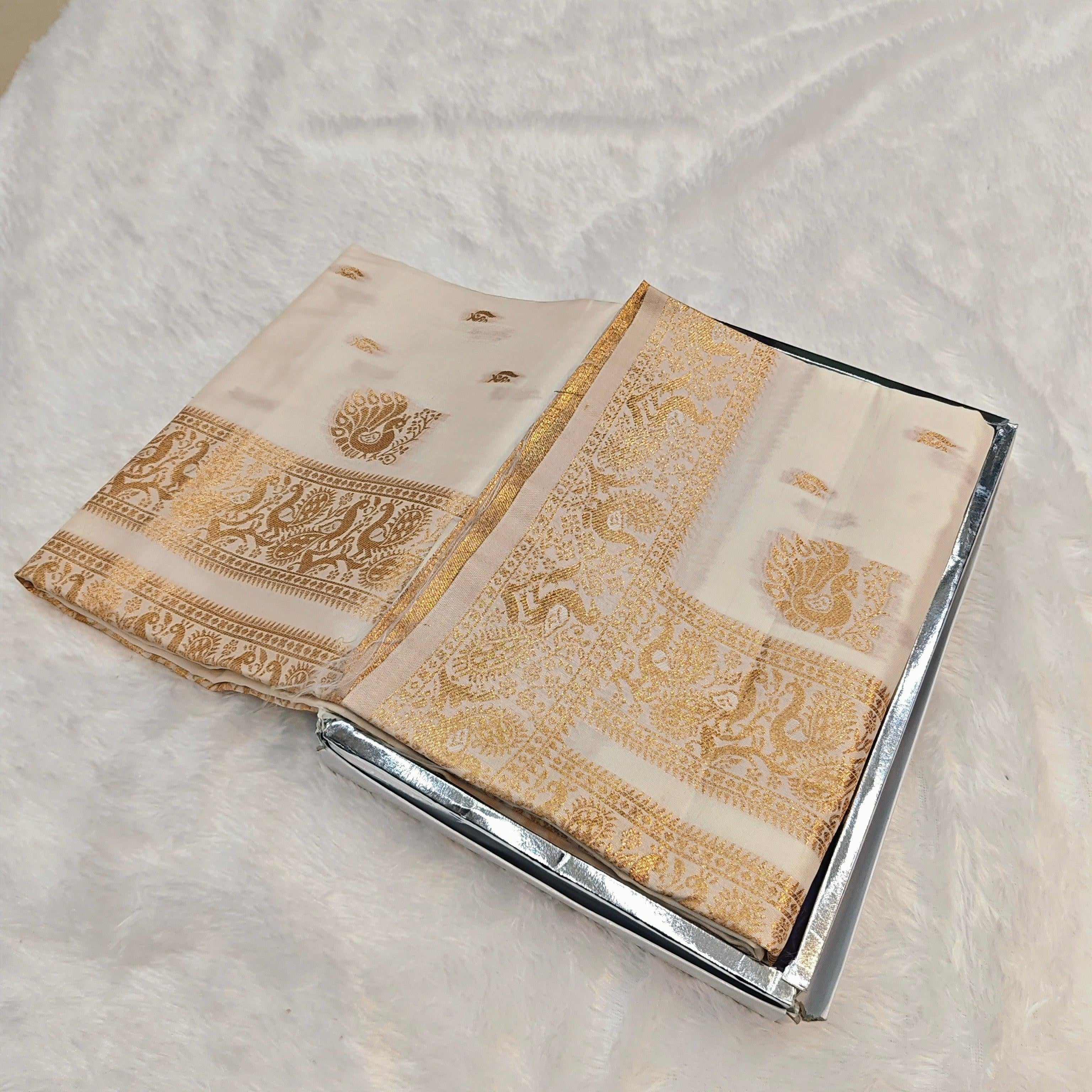 City Center premium dual-tone silk Peshwai saree in off-white with intricate gold zari peacock and floral motifs