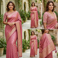 City Center pink Banarasi saree with gold zari stripes and a matching blouse featuring intricate Aari embroidery.