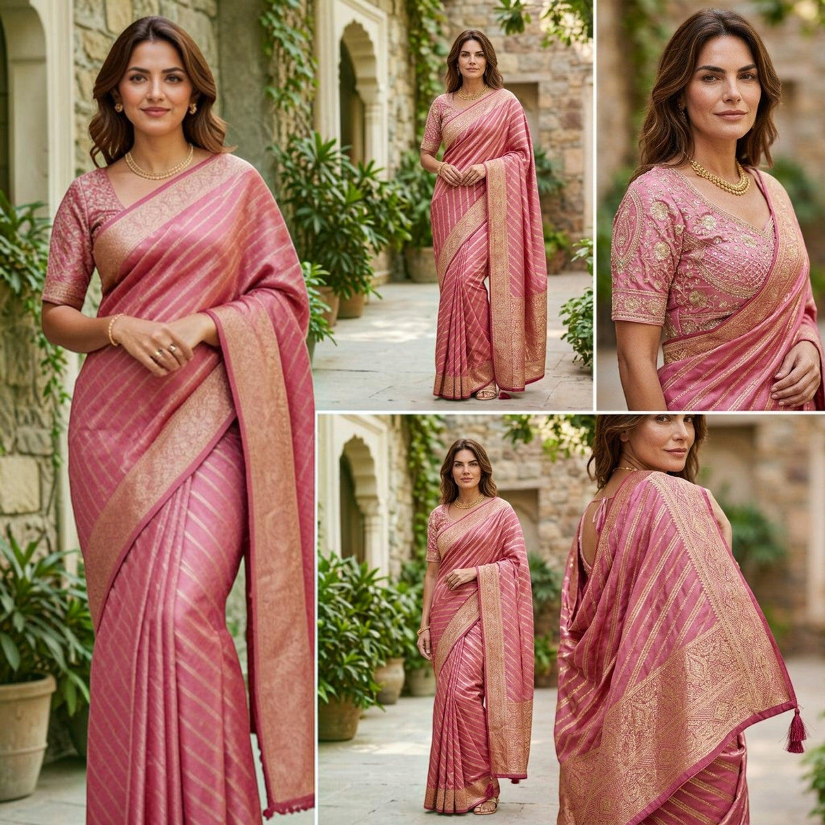 City Center pink Banarasi saree with gold zari stripes and a matching blouse featuring intricate Aari embroidery.
