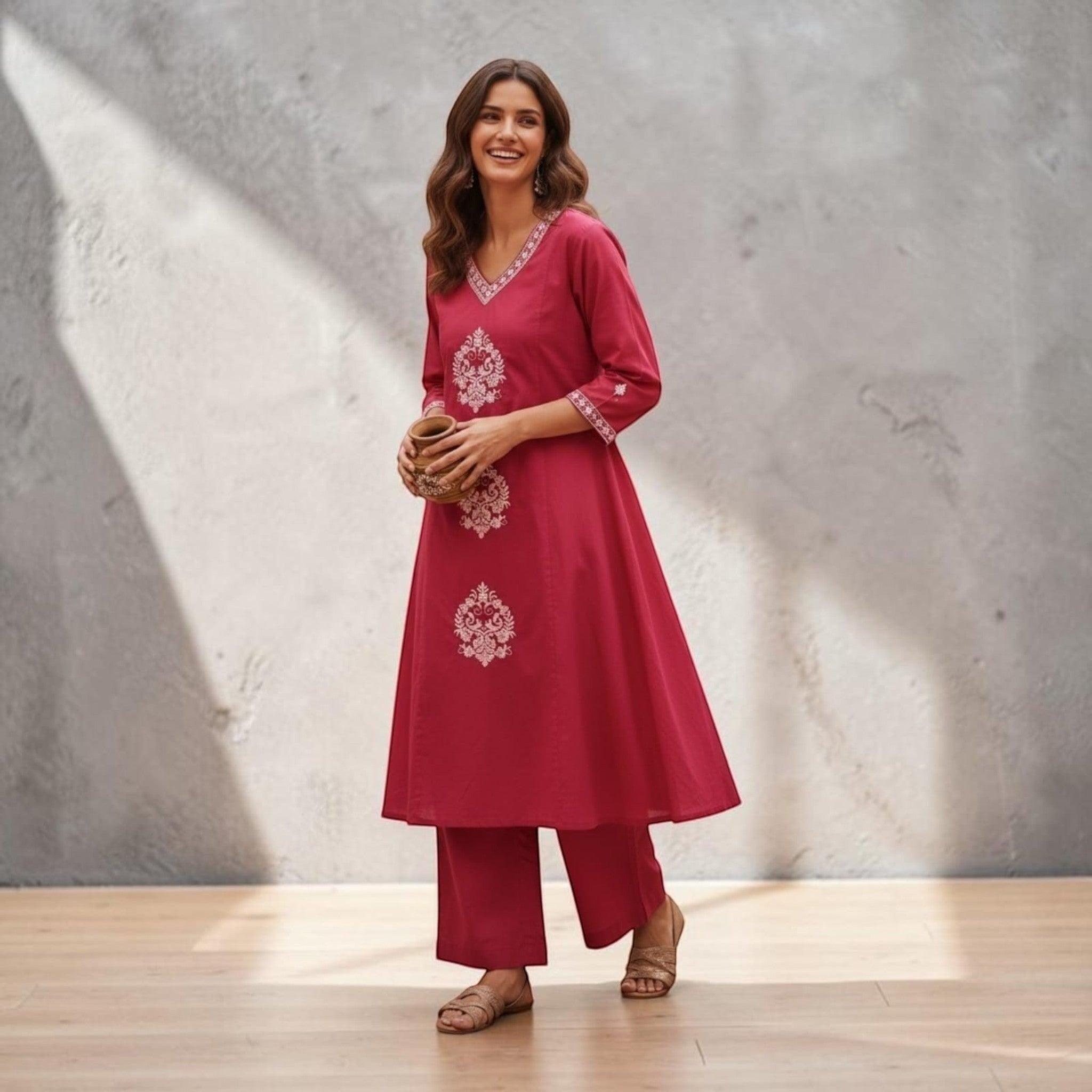 City Center pure cotton co-ord set in deep pink with intricate white embroidery and traditional Dabu print details