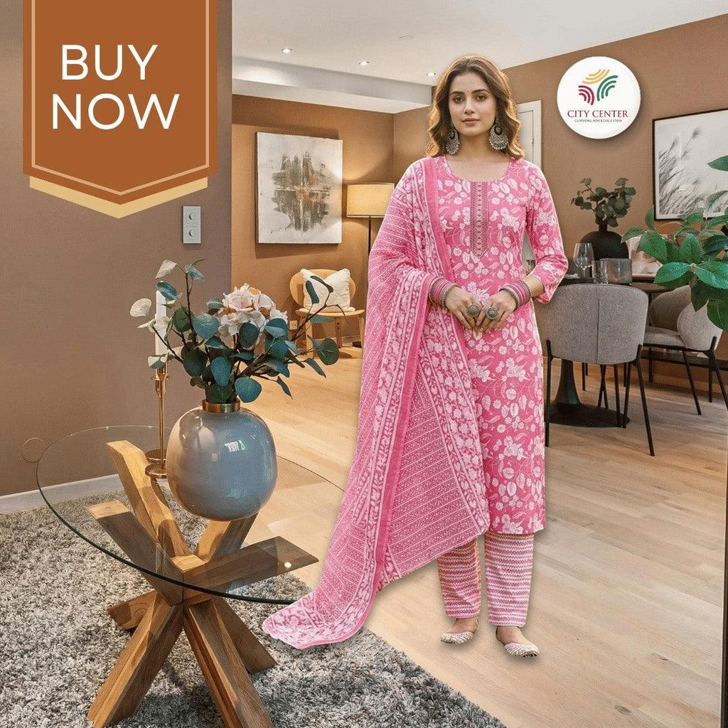 City Center pink cotton Jaipuri print kurti set with matching dupatta and trousers worn by a model in a home setting.