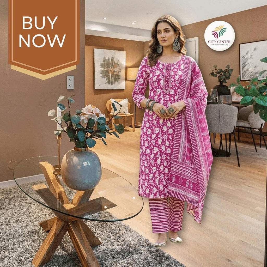 City Center pink cotton kurti set with white floral Jaipuri print, paired with matching striped trousers and dupatta.