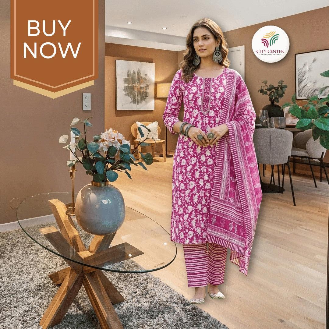 City Center pink cotton kurti set with white floral Jaipuri print, paired with matching striped trousers and dupatta.