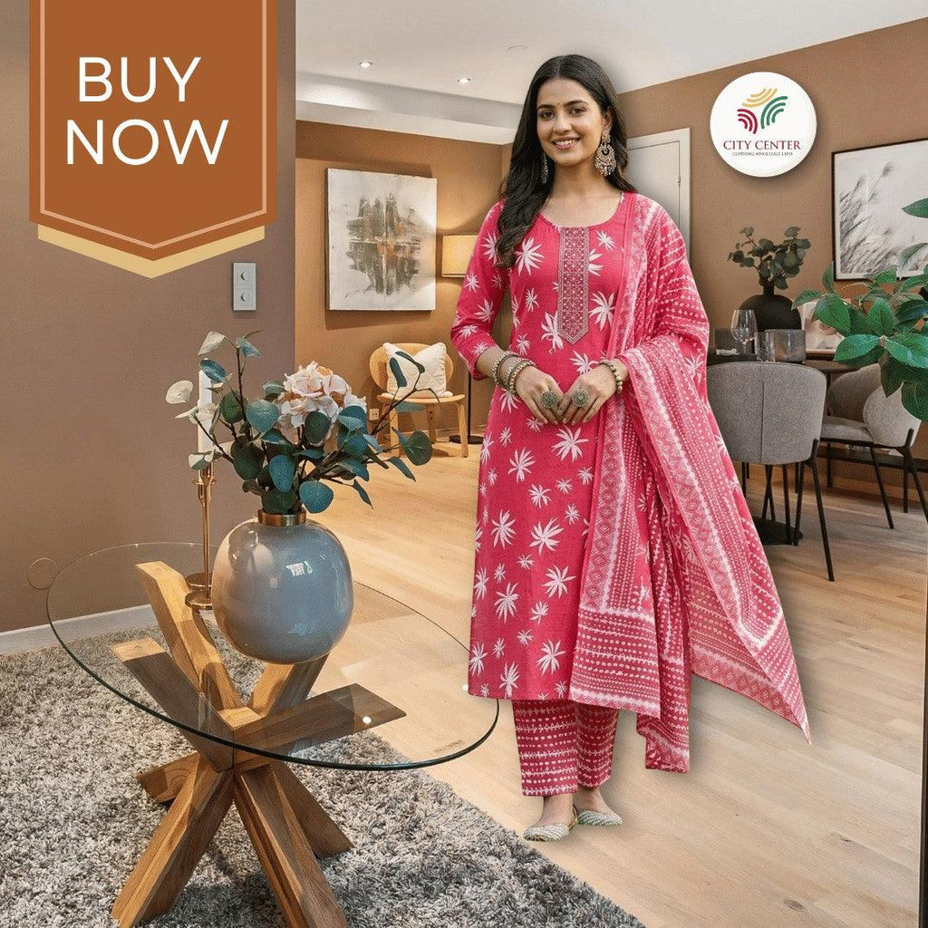 City Center pink cotton kurti set with white floral Jaipuri print, featuring a matching dupatta and tailored bottoms.