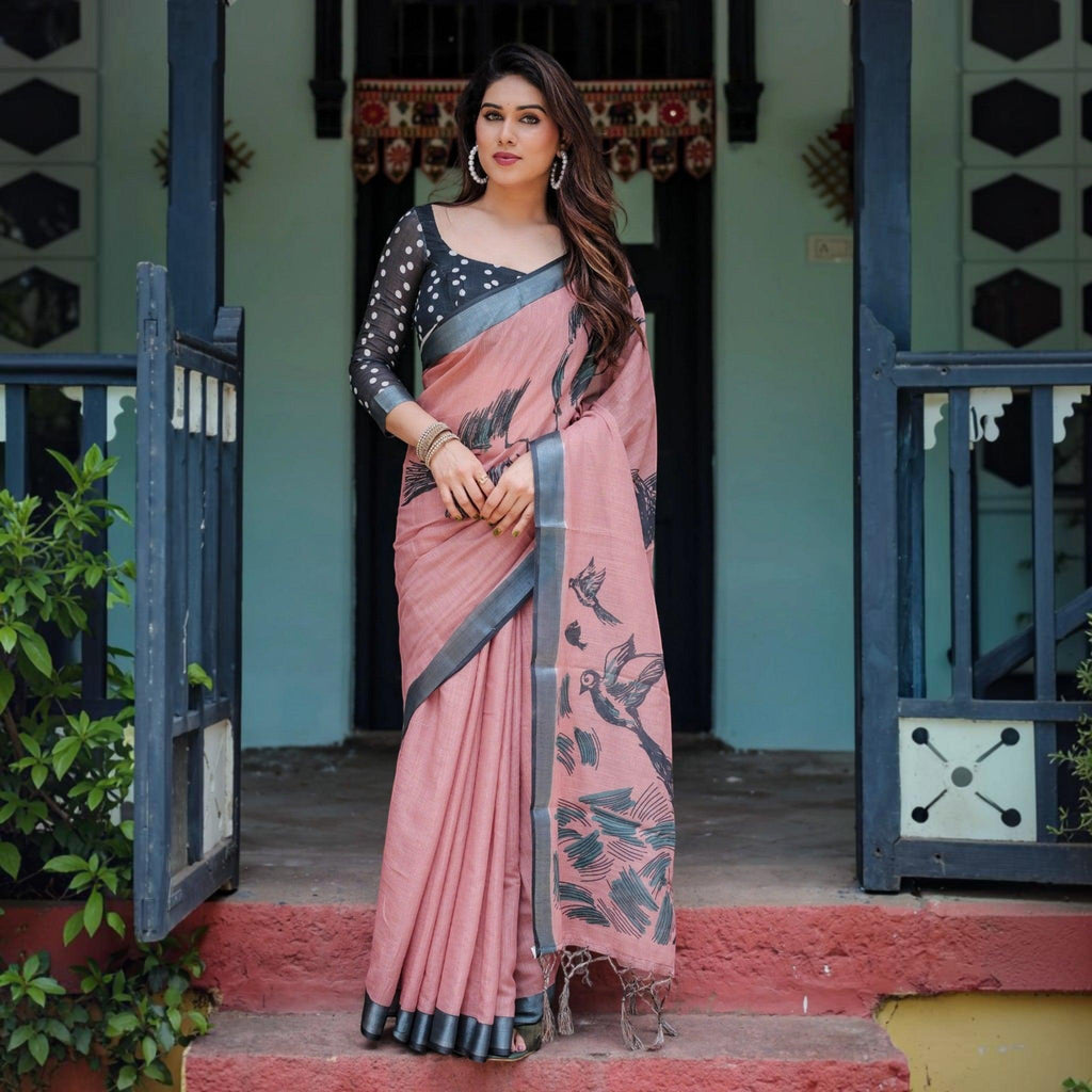 City Center premium cotton saree in dusty pink with black bird motifs and a matching polka dot blouse