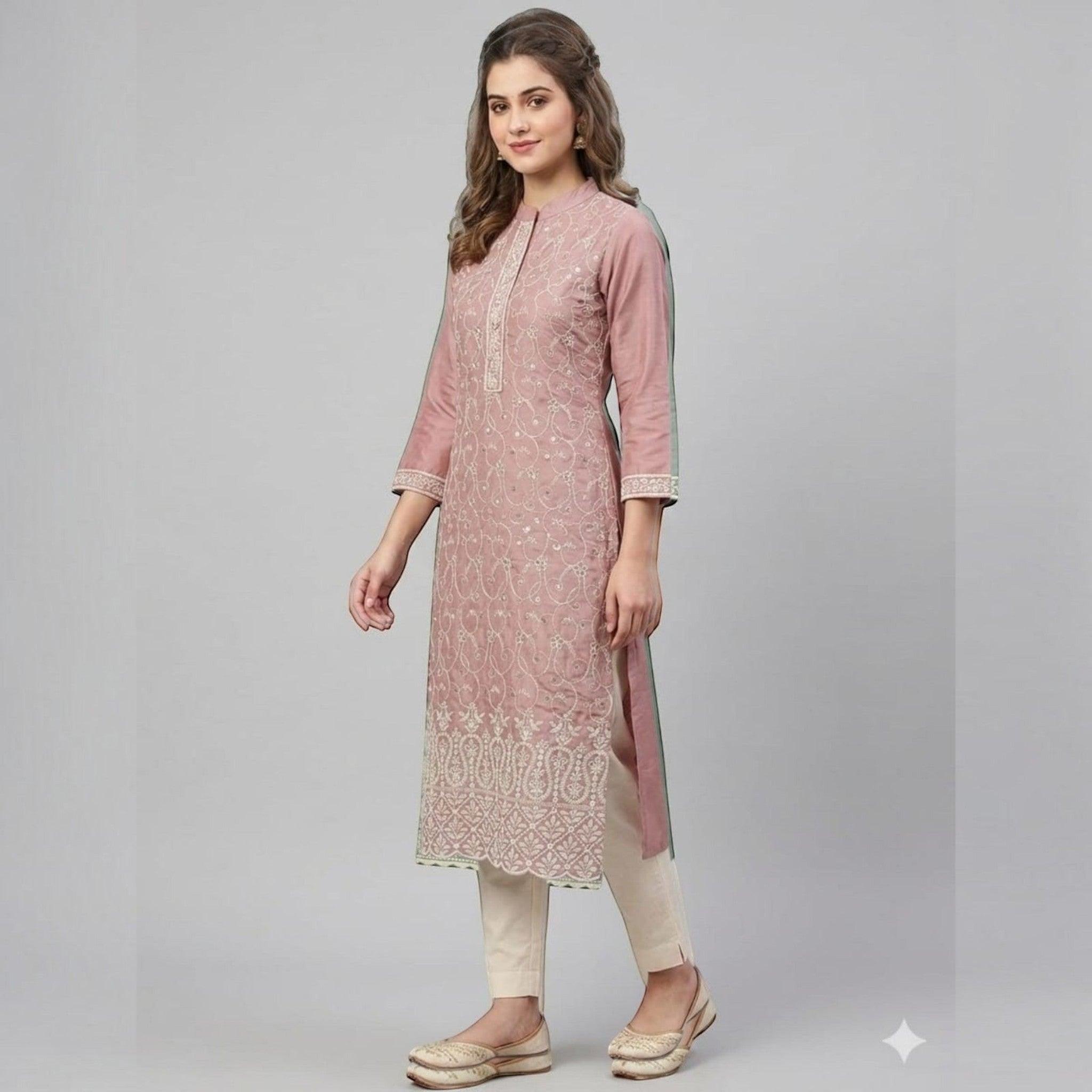 City Center dusty pink straight kurta tunic with intricate white embroidery, mandarin collar, and three-quarter sleeves