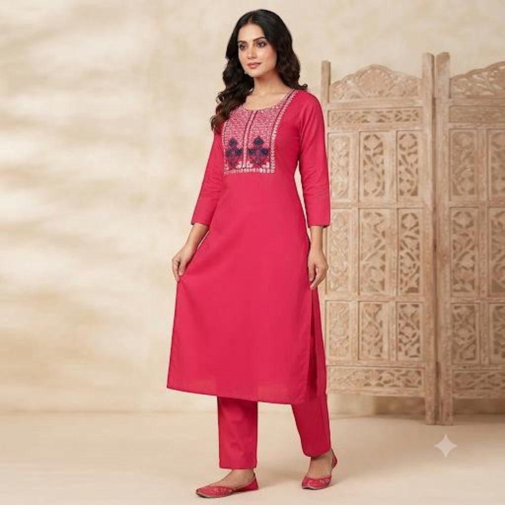 City Center premium ethnic co-ord set in bright pink with intricate artisan embroidery on the neckline and straight pants