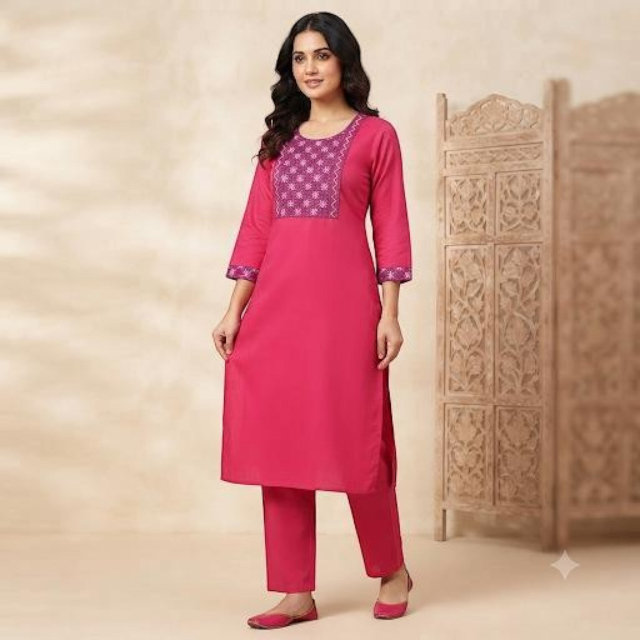 City Center premium ethnic co-ord set in vibrant pink with intricate purple patterned embroidery on the neckline