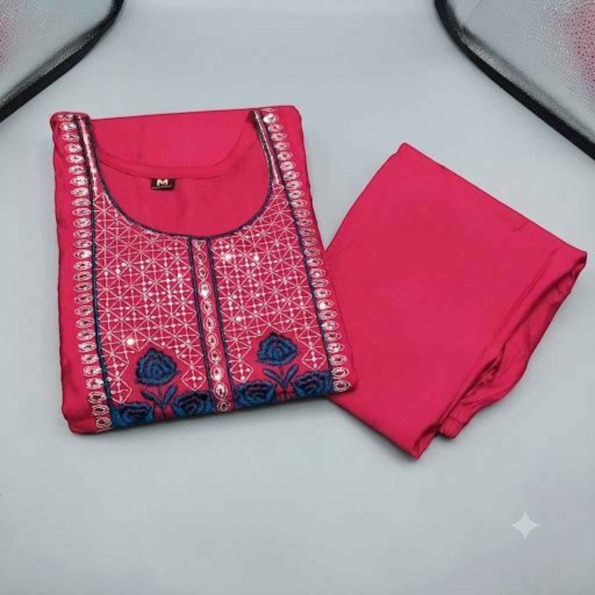 City Center premium ethnic co-ord set in hot pink with intricate blue floral embroidery and mirror work detailing