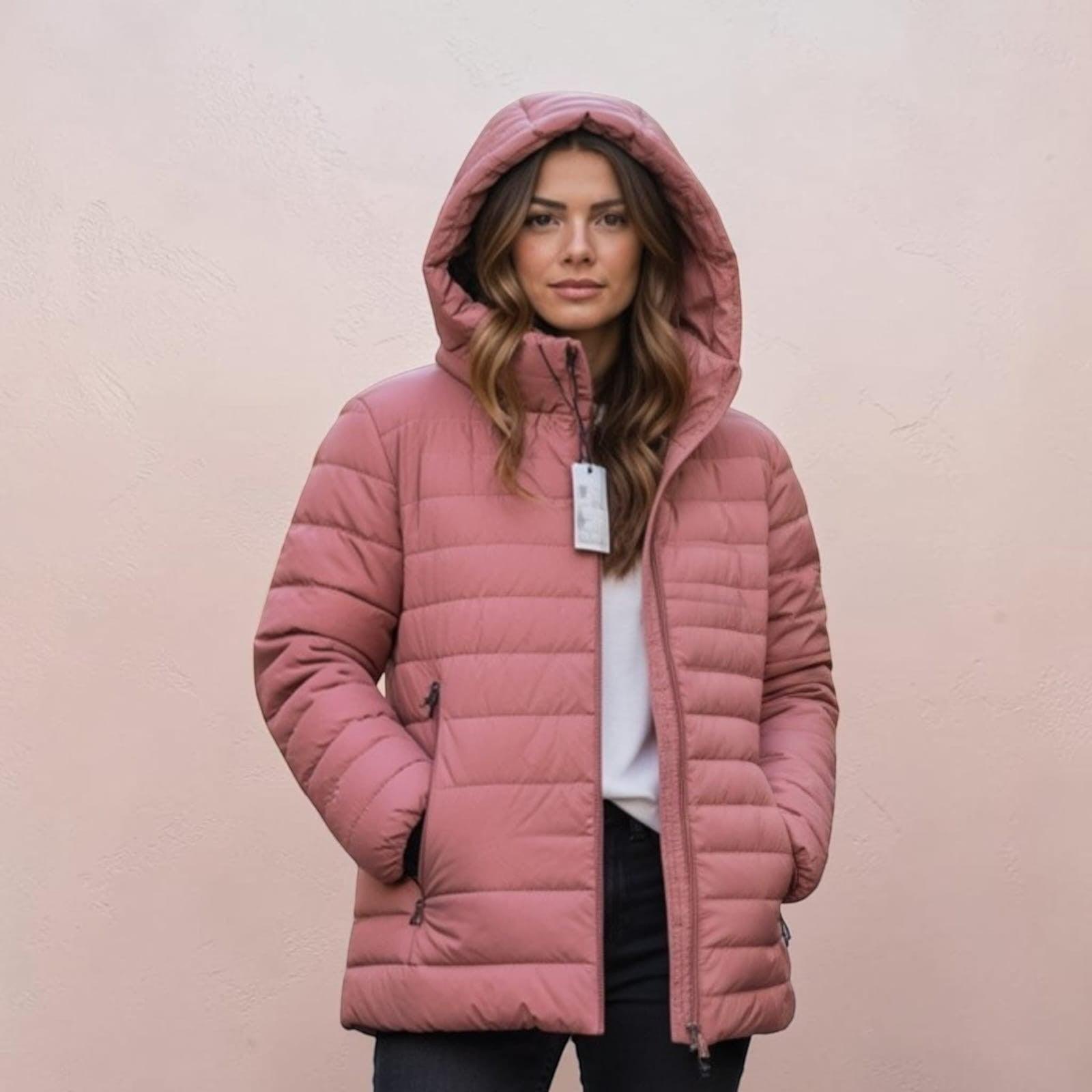 City Center ladies pink hooded bomber jacket in feather touch fabric worn by a woman against a matching pink wall