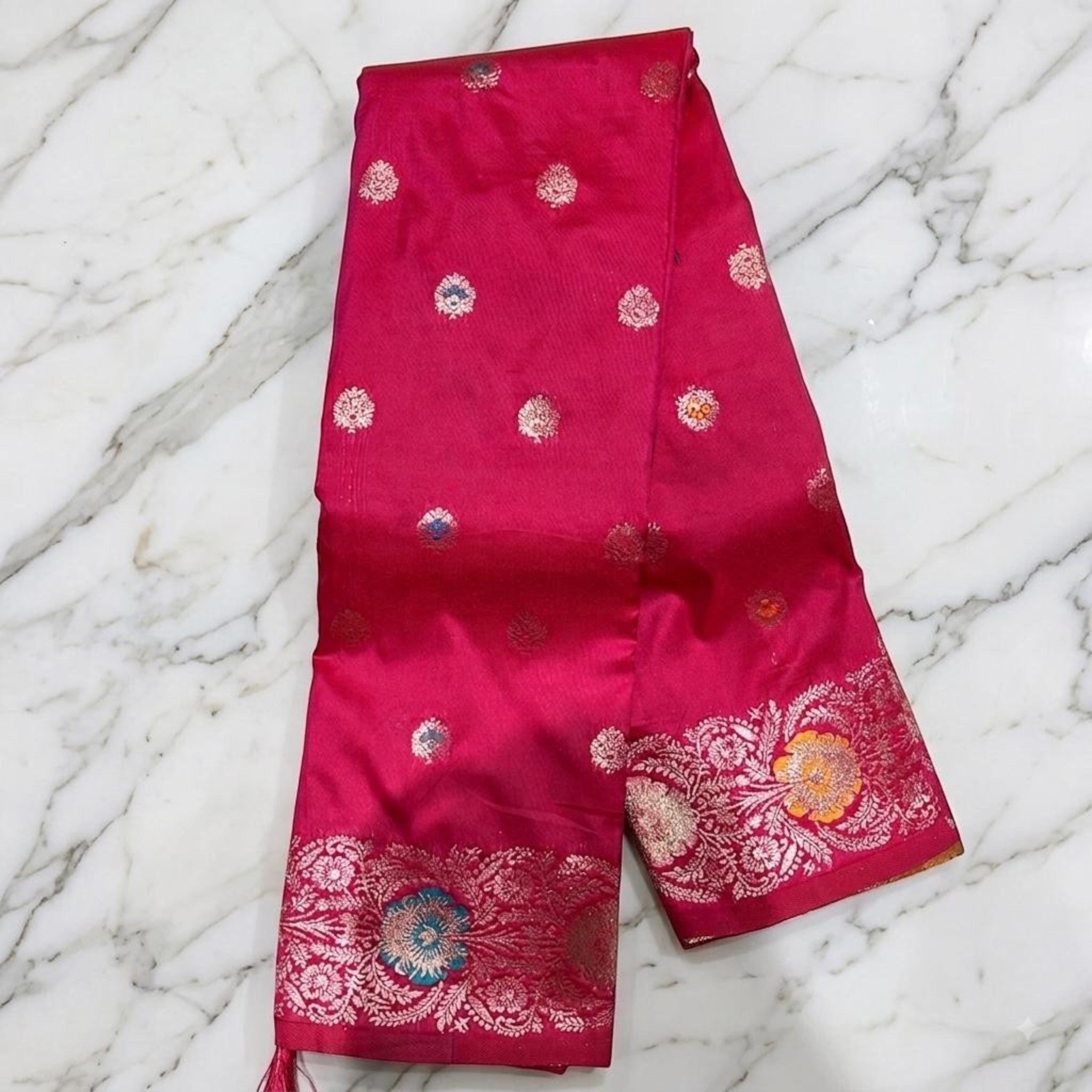 City Center premium Kattpadar silk saree in vibrant pink with intricate silver zari floral borders and motifs