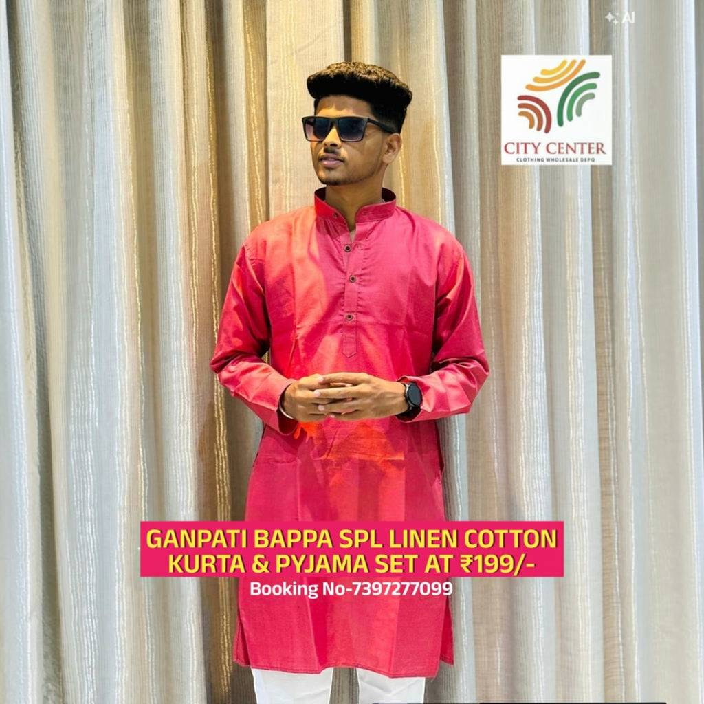 City Center men wearing a vibrant pink long-sleeve kurta with white pants for Ganesh Chaturthi festive celebrations
