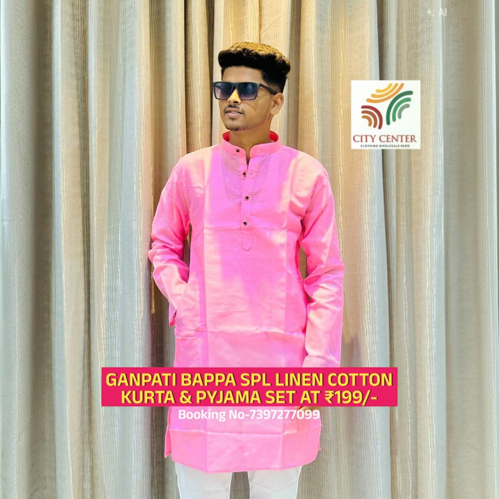 City Center men's bright pink festive kurta and white pant set for Ganesh Chaturthi celebrations