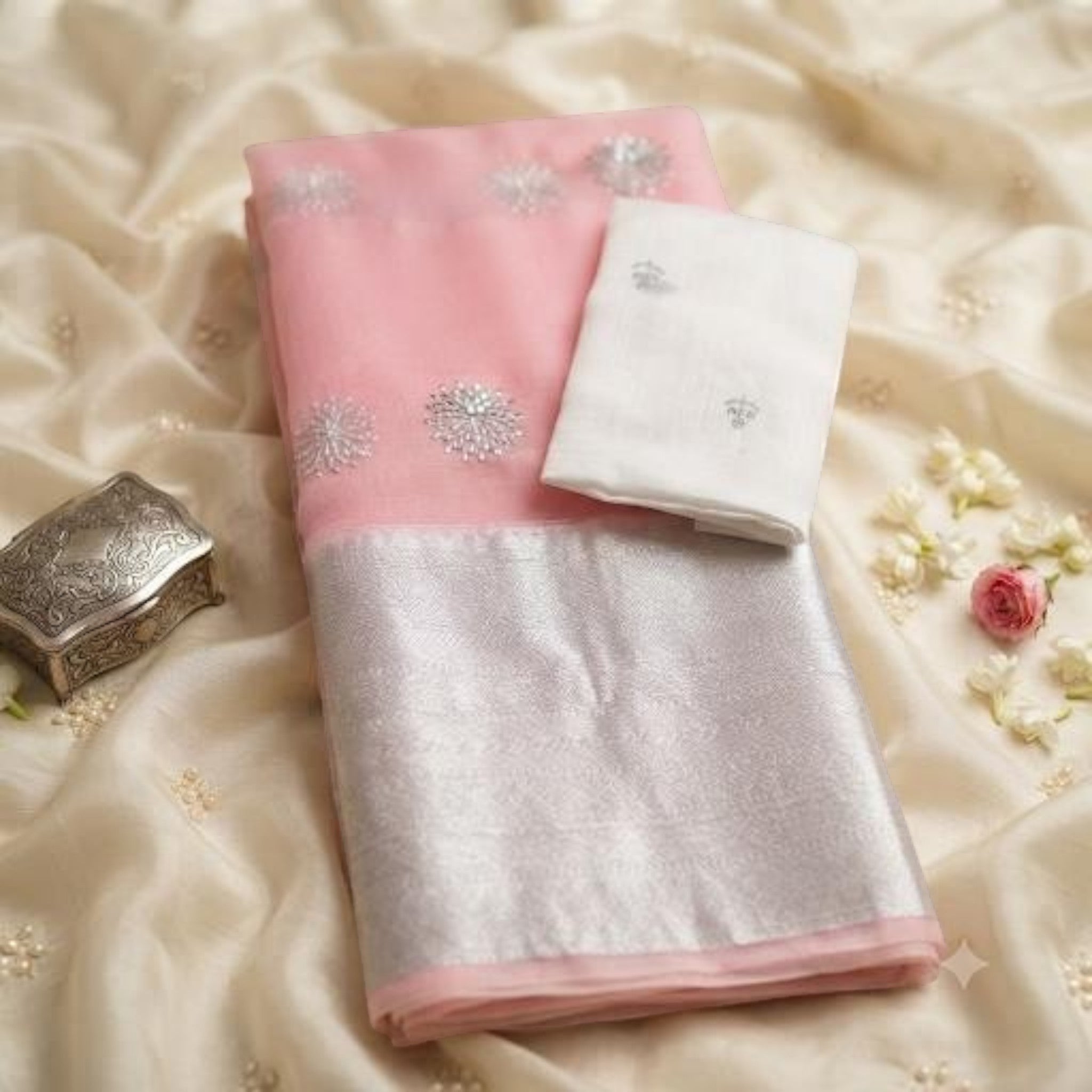 City Center pink organza saree with silver beet work embroidery and a contrasting white blouse piece.