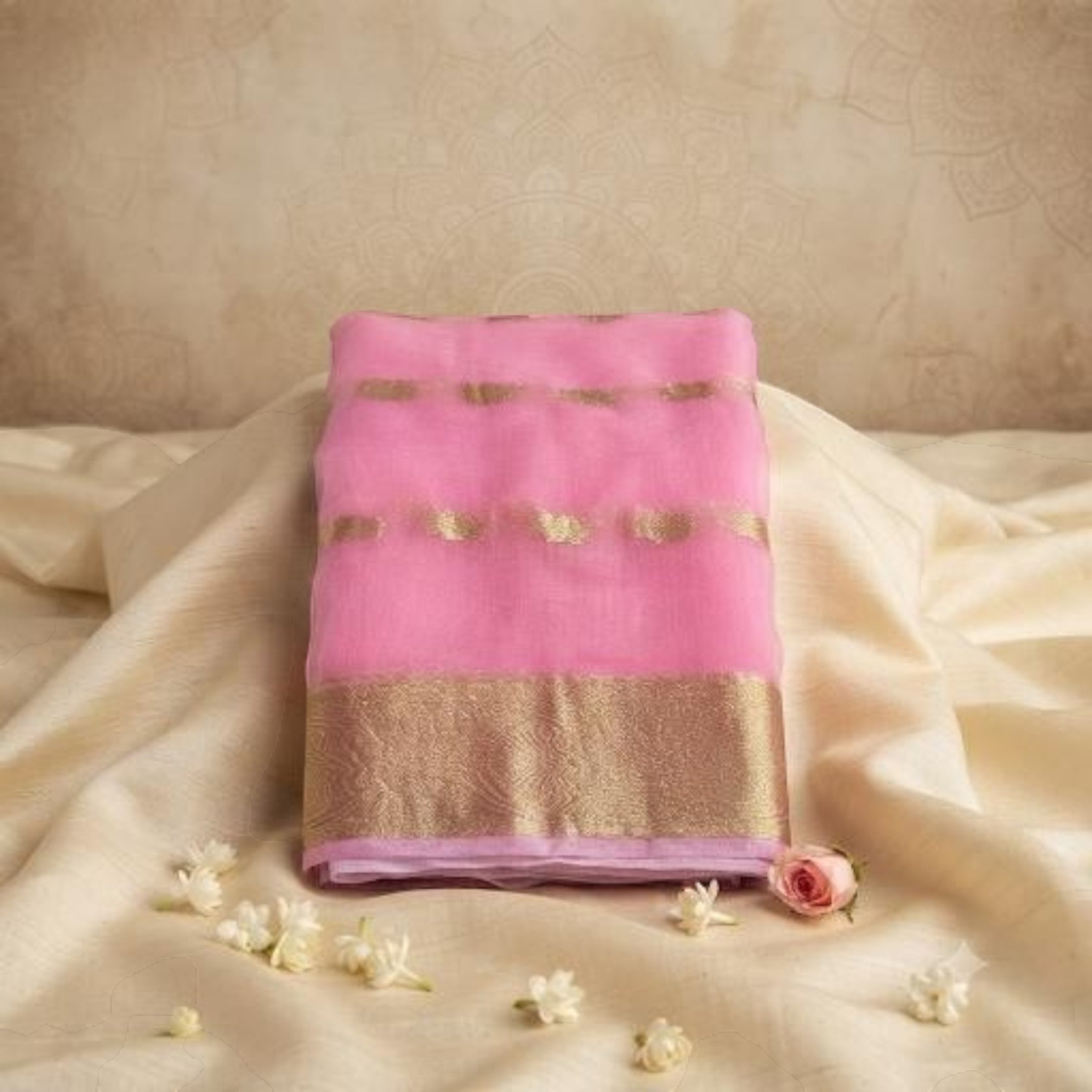 City Center pink organza saree with gold beet work embroidery and a contrast blouse piece on a cream fabric backdrop