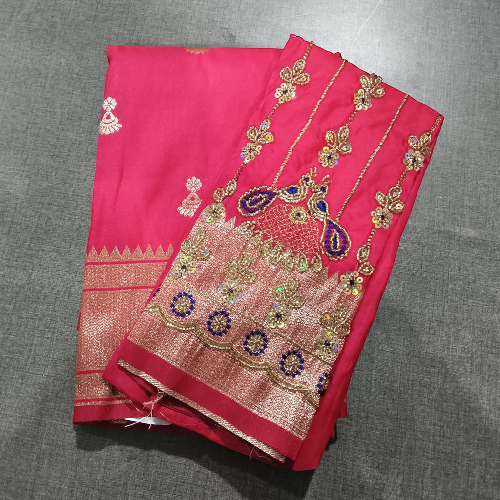 City Center pink Jhumka Paithani saree with a matching blouse featuring intricate gold and blue Aariwork embroidery.