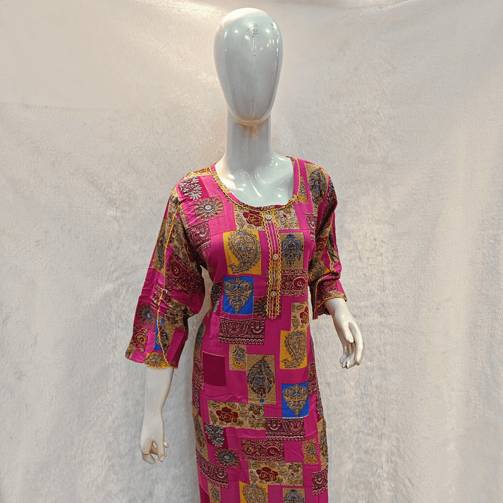 City Center pink heavy rayon A-line gown with multi-colored ethnic patchwork print and three-quarter sleeves