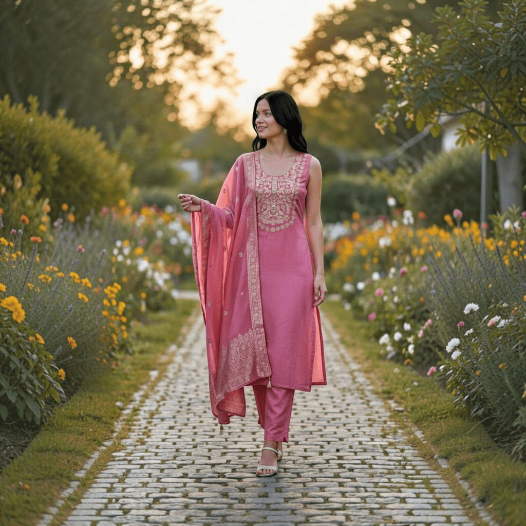 City Center pink cotton blend kurta set with intricate sequins embroidery, matching pants, and a dupatta in a garden.