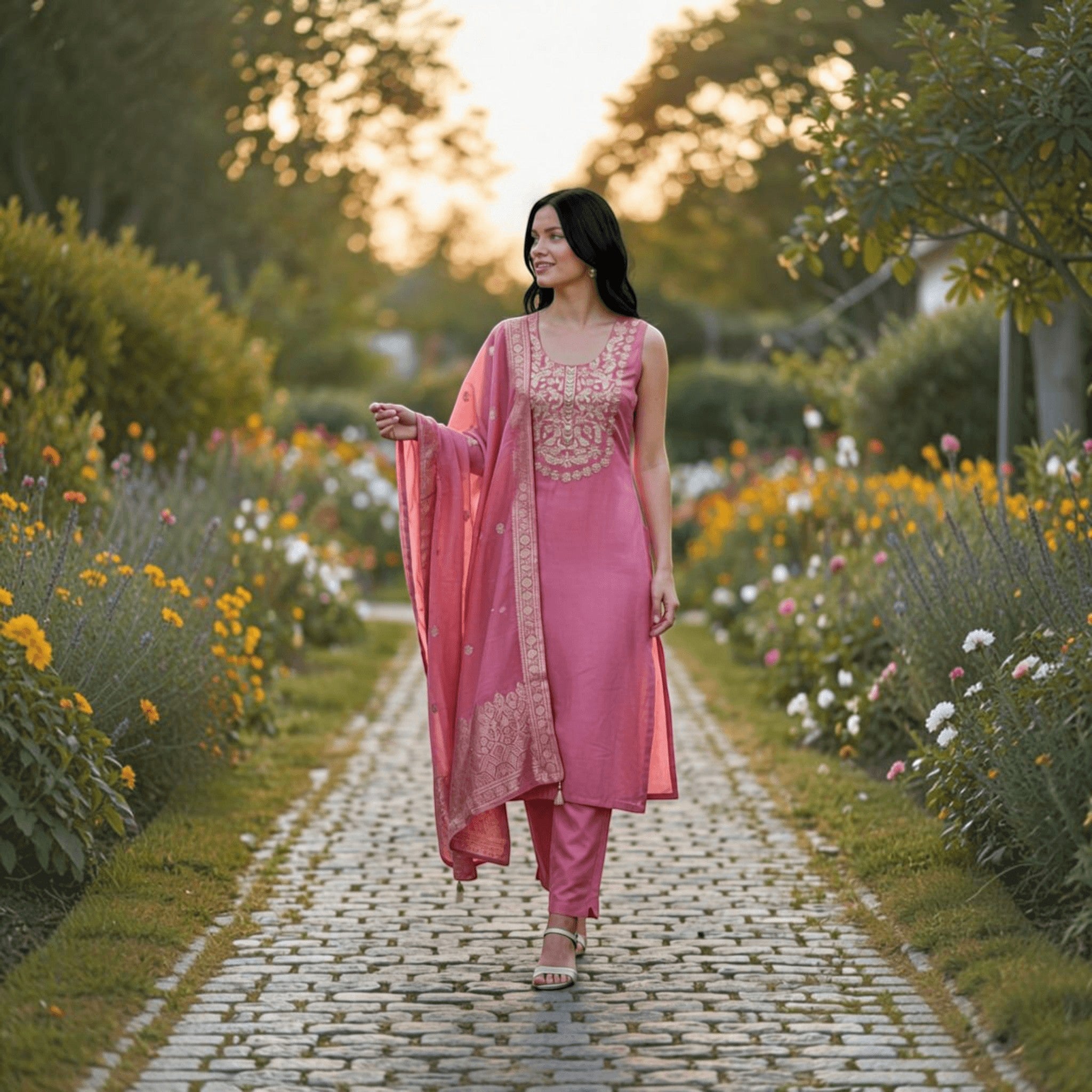 City Center pink cotton blend kurta set with intricate sequins embroidery, matching pants, and a dupatta in a garden.