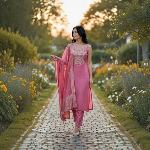 City Center pink cotton blend kurta set with sequins embroidery, matching pants, and dupatta in a garden setting.