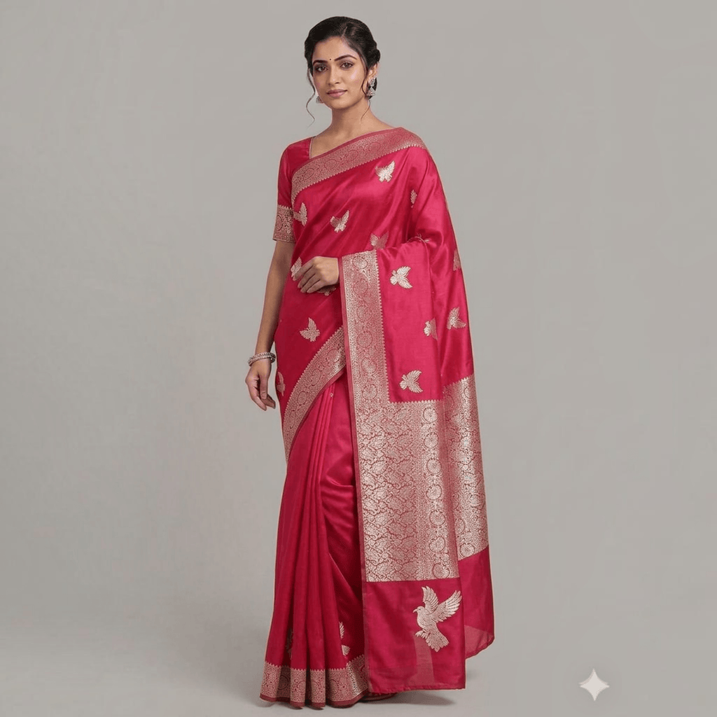 City Center premium pink silk Katpadar saree with intricate silver zari brocade border and bird motifs