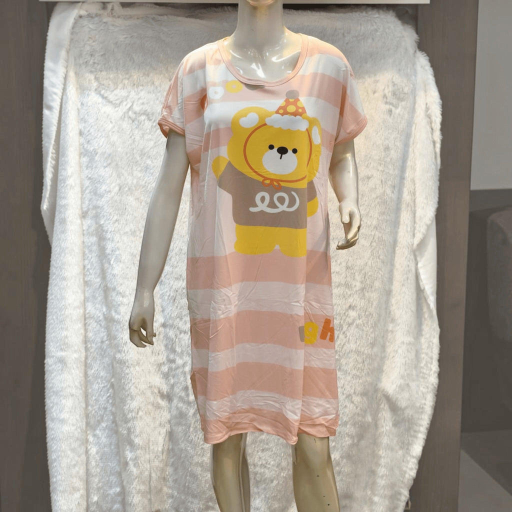 City Center pink and white striped short one-piece sleepwear featuring a cute bear graphic on a mannequin