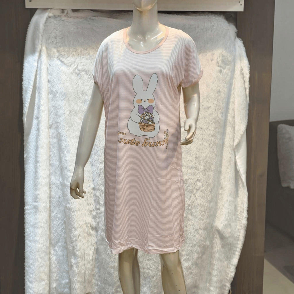 City Center pink striped short one-piece sleepwear featuring a cute bunny graphic on a mannequin