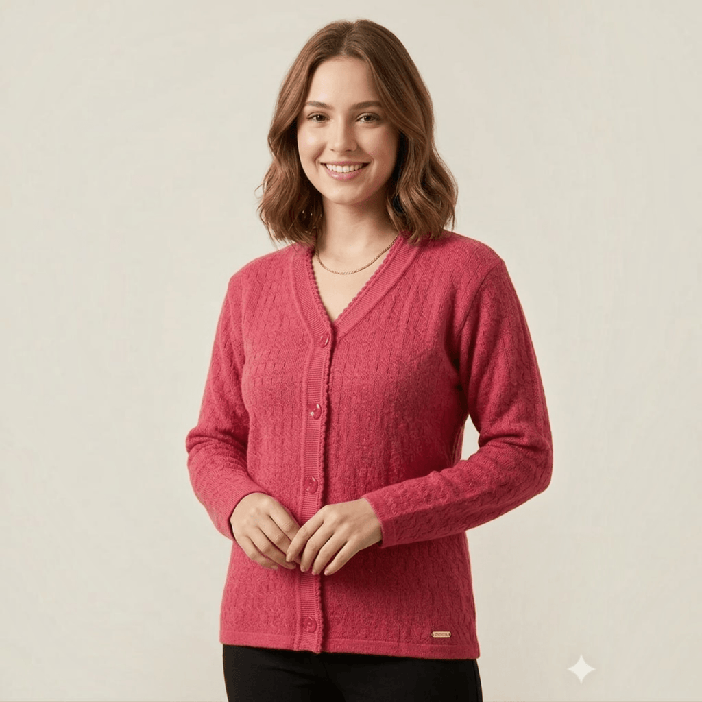 City Center woman wearing a pink V-neck button-down cardigan with a textured knit pattern for light winter layering.