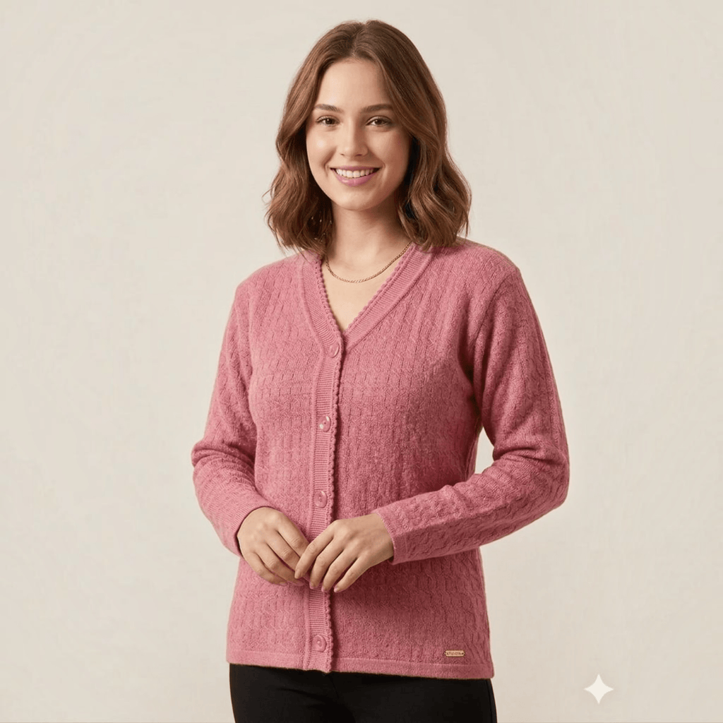 City Center woman wearing a pink lightweight V-neck button-down cardigan with textured knit pattern