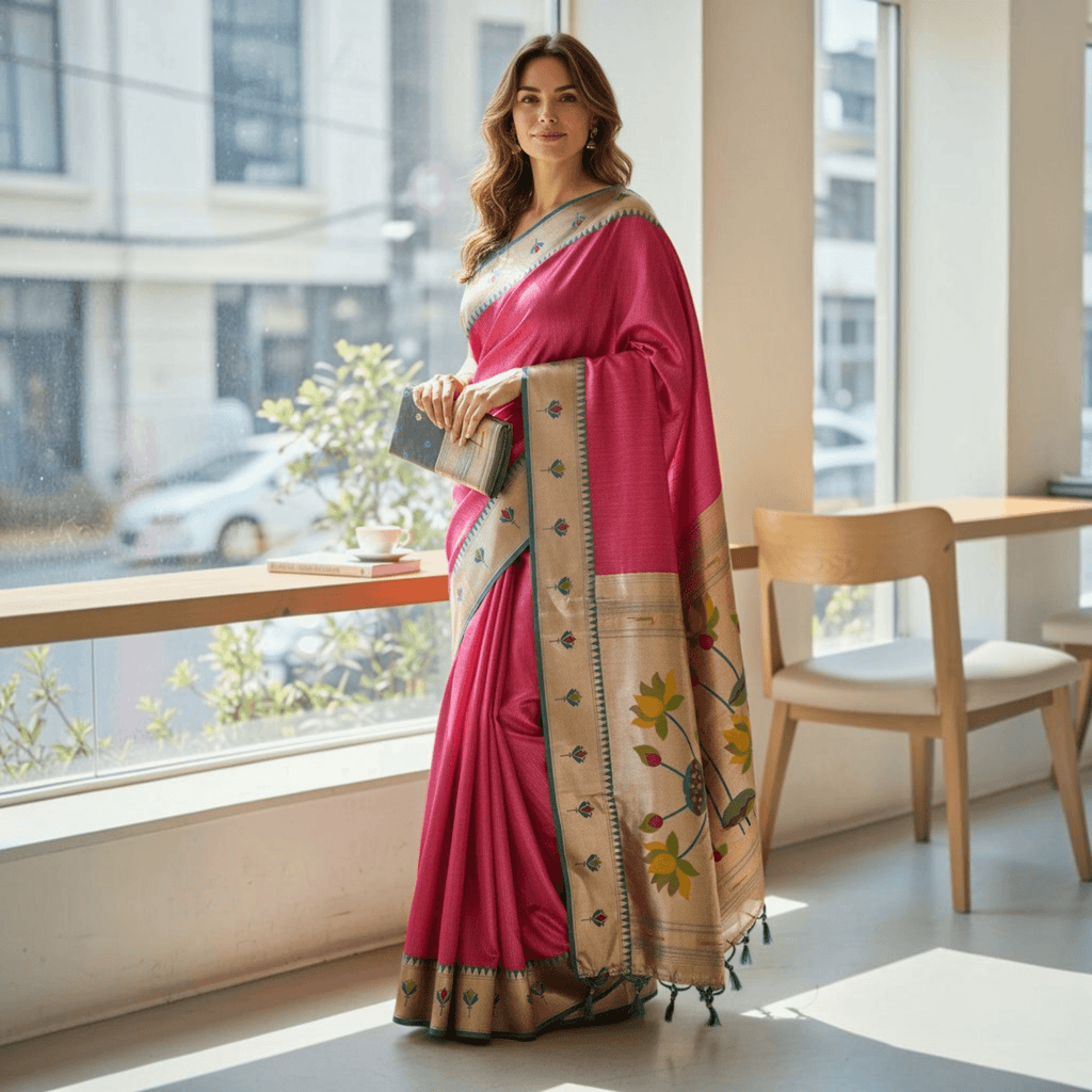 City Center pink tissue Paithani saree with lotus motifs and gold border worn by a woman in a bright room