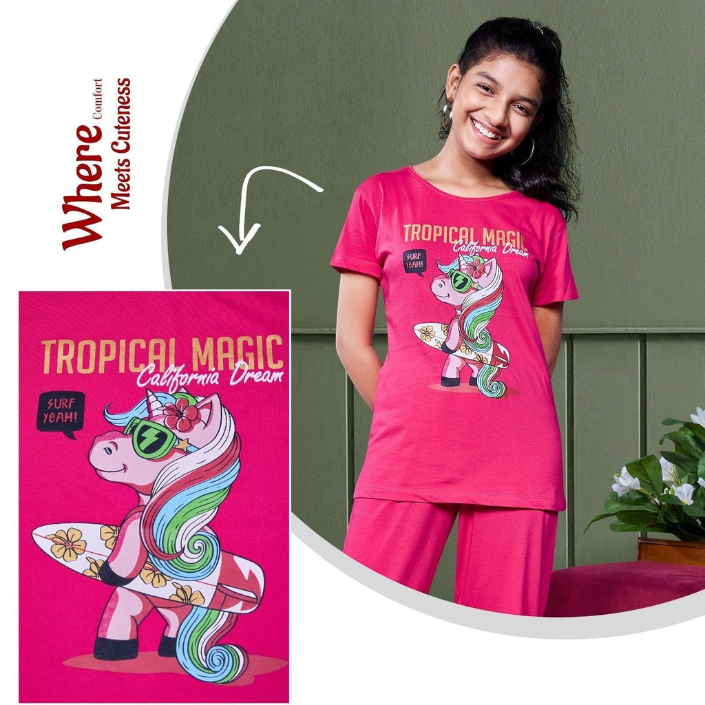 City Center Honey Girls pink cord set featuring a cute unicorn graphic print with a surfboard and tropical theme.