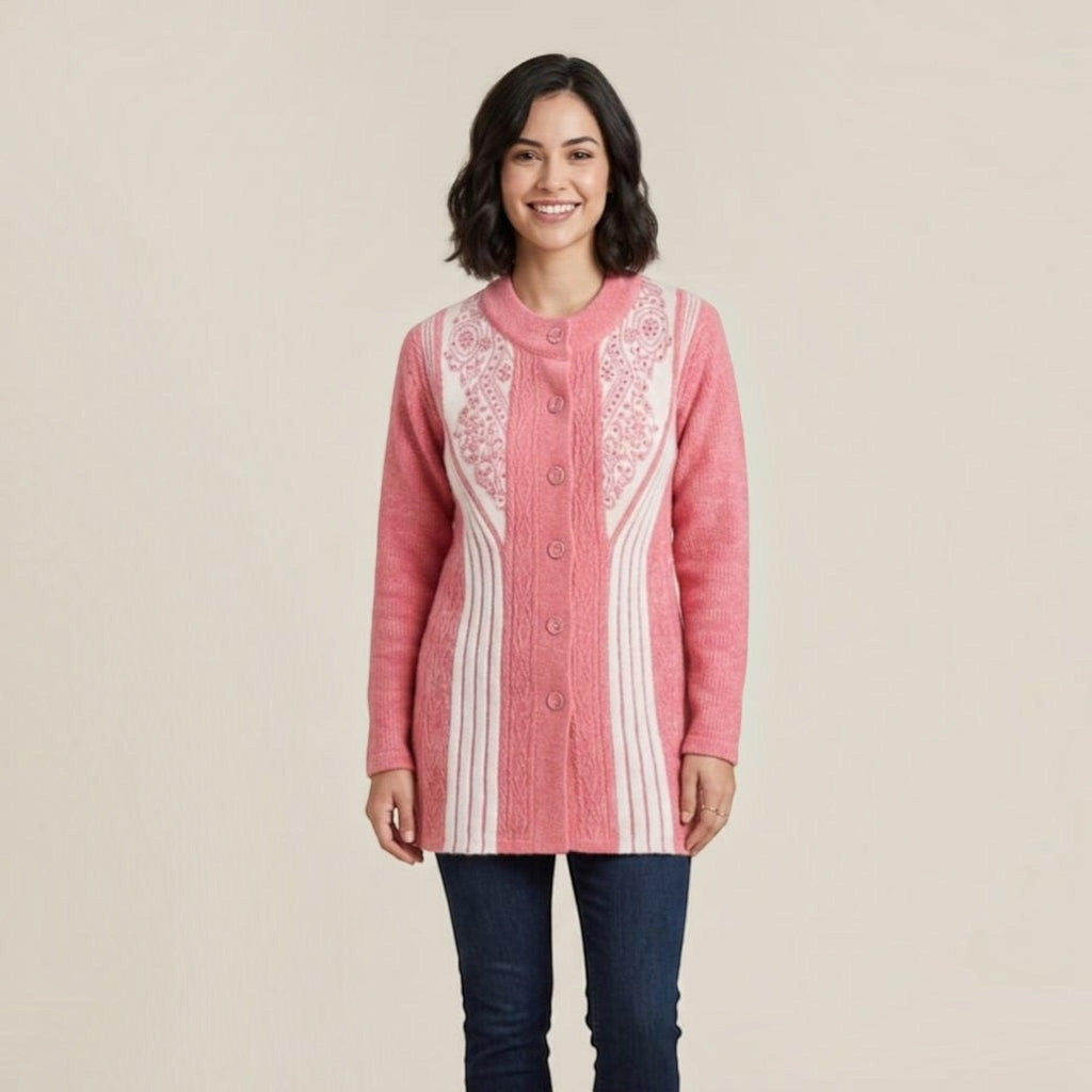 City Center pink and white button-up cardigan with intricate floral embroidery worn by a smiling woman.