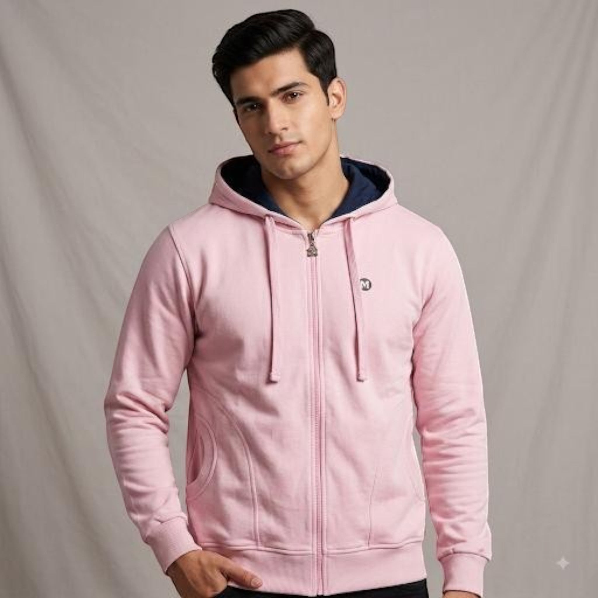 City Center men's light pink zip-up hoodie with a navy inner hood lining and drawstring, worn by a male model.