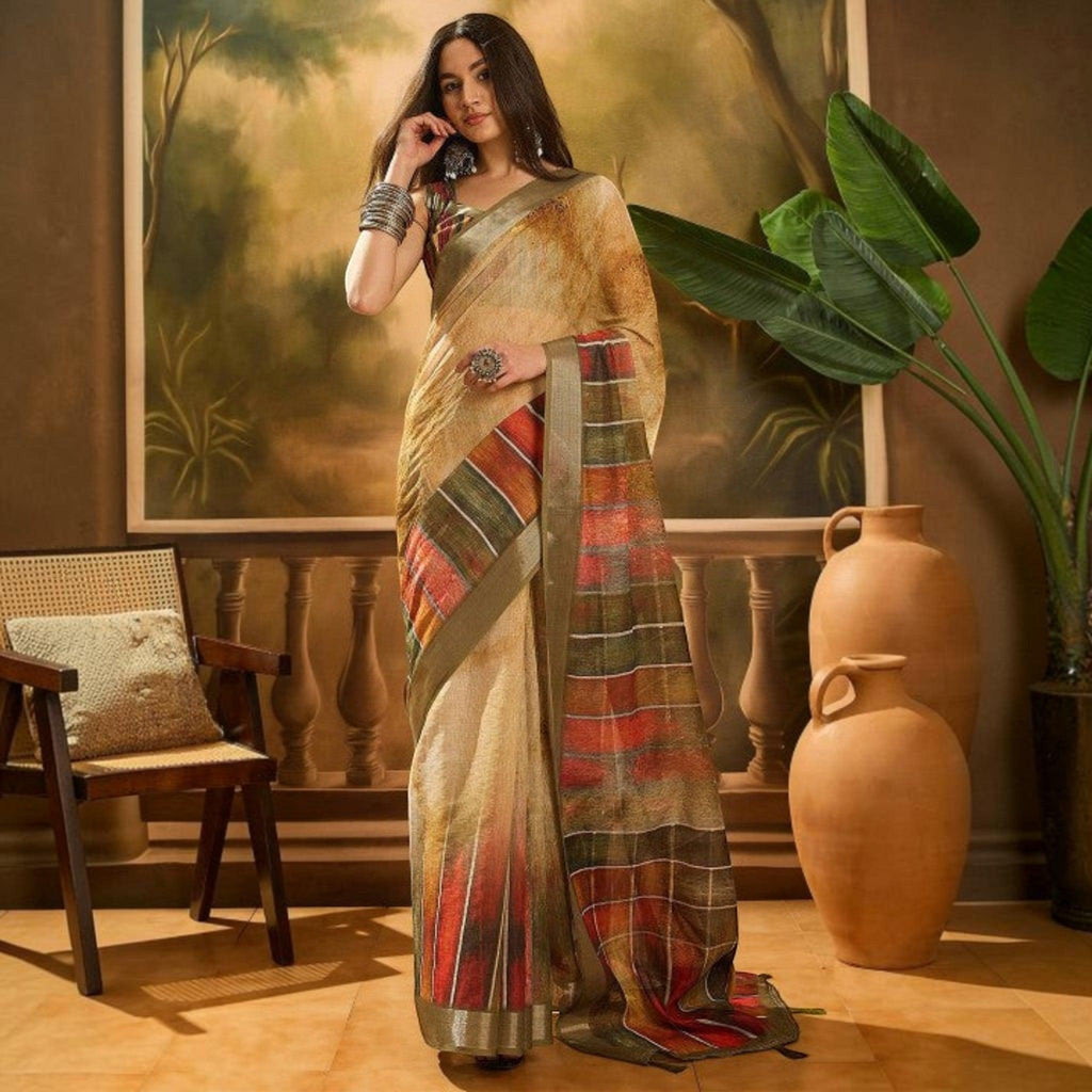 City Center premium cotton saree in beige with multi-colored striped border, worn by a model in a rustic studio.