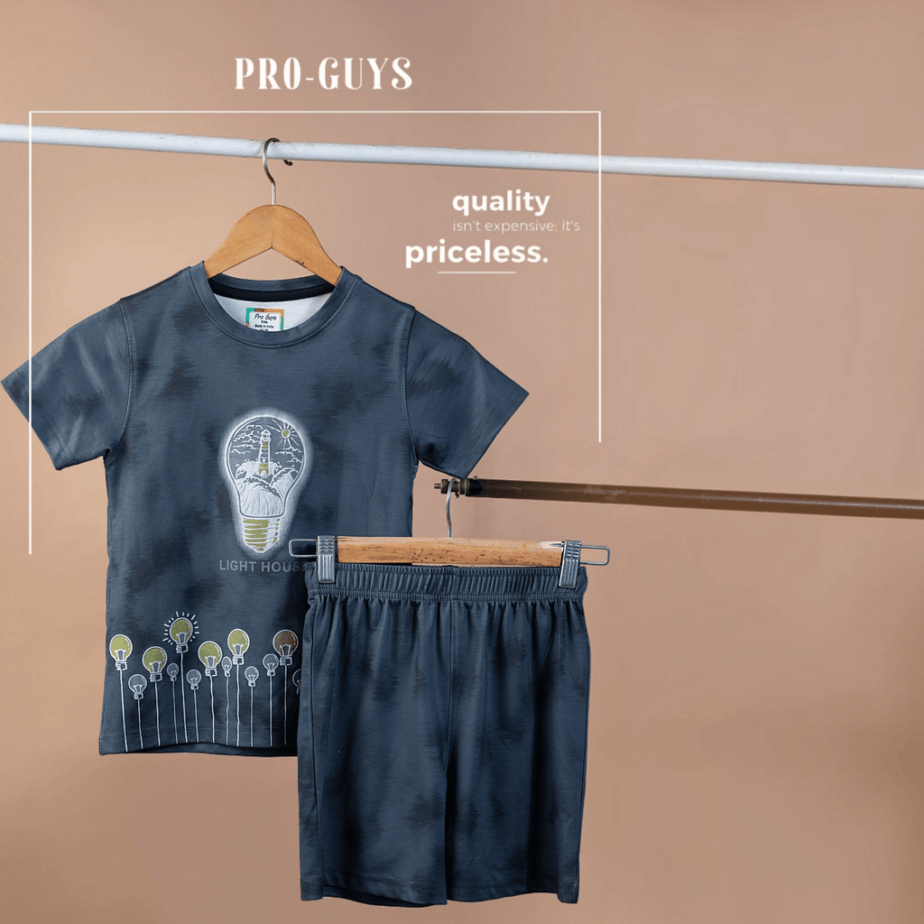 City Center Pro-Guys kids charcoal tie-dye cotton t-shirt and shorts set with lighthouse graphic print