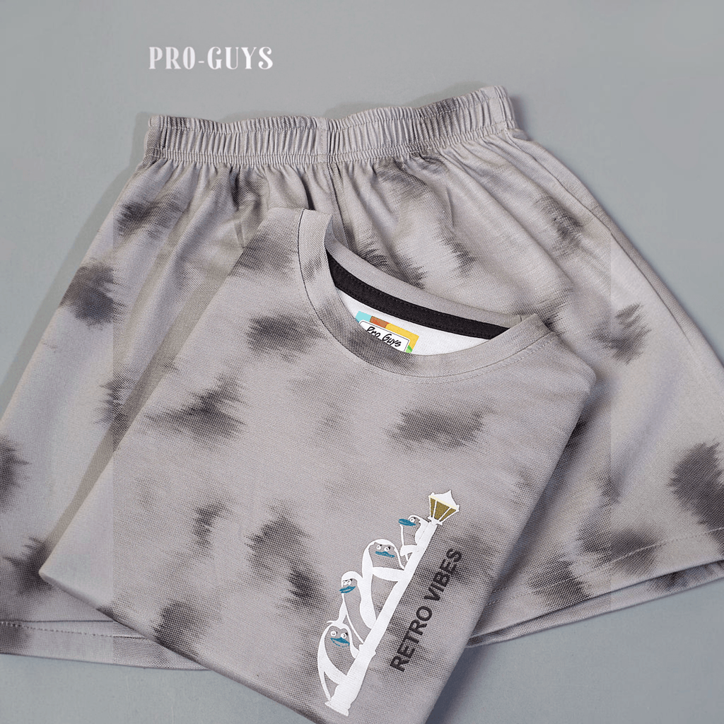 City Center Pro-Guys kids grey tie-dye cotton t-shirt and shorts set with Retro Vibes penguin graphic print