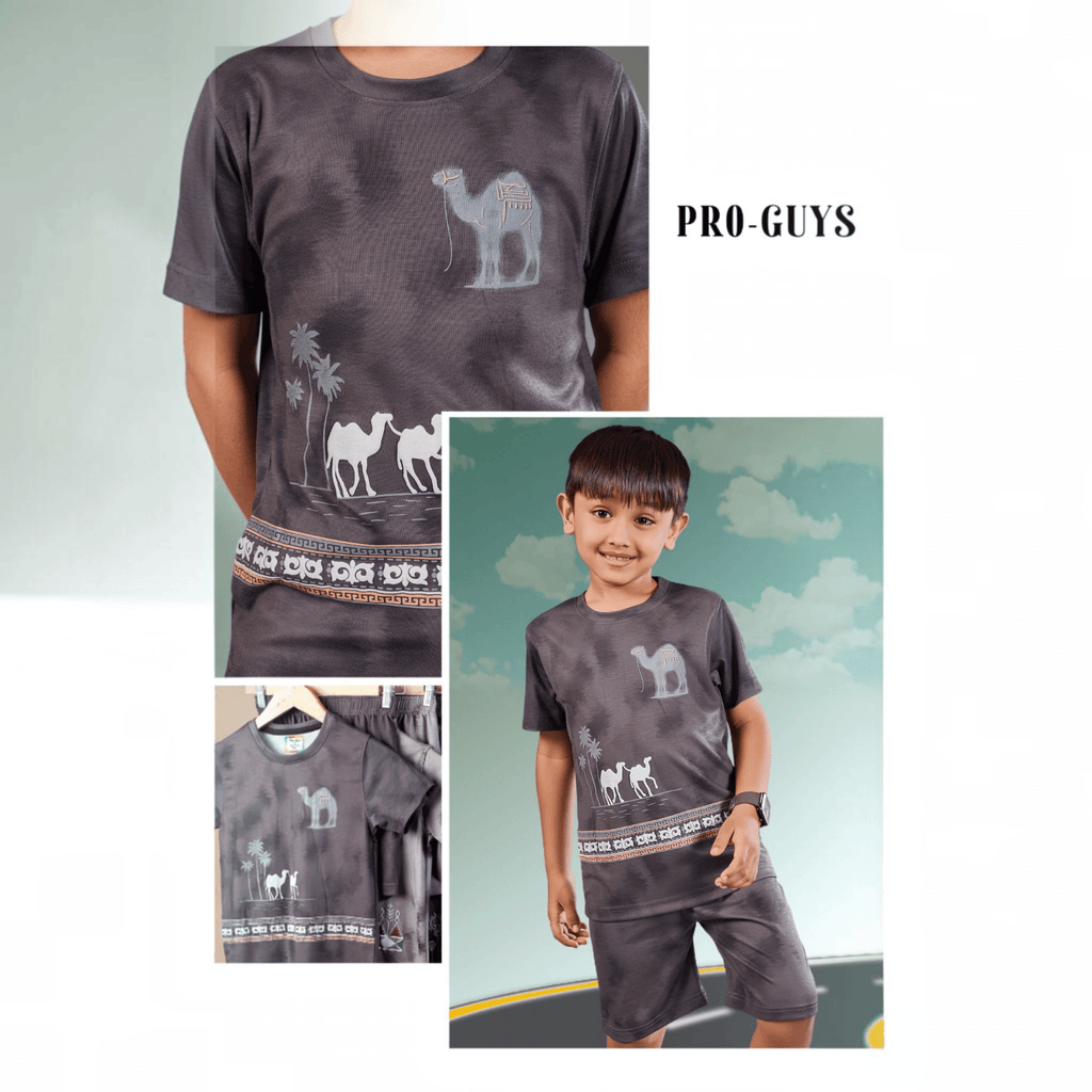 City Center Pro-Guys kids charcoal grey cotton co-ord set with camel and palm tree graphic print on t-shirt and shorts