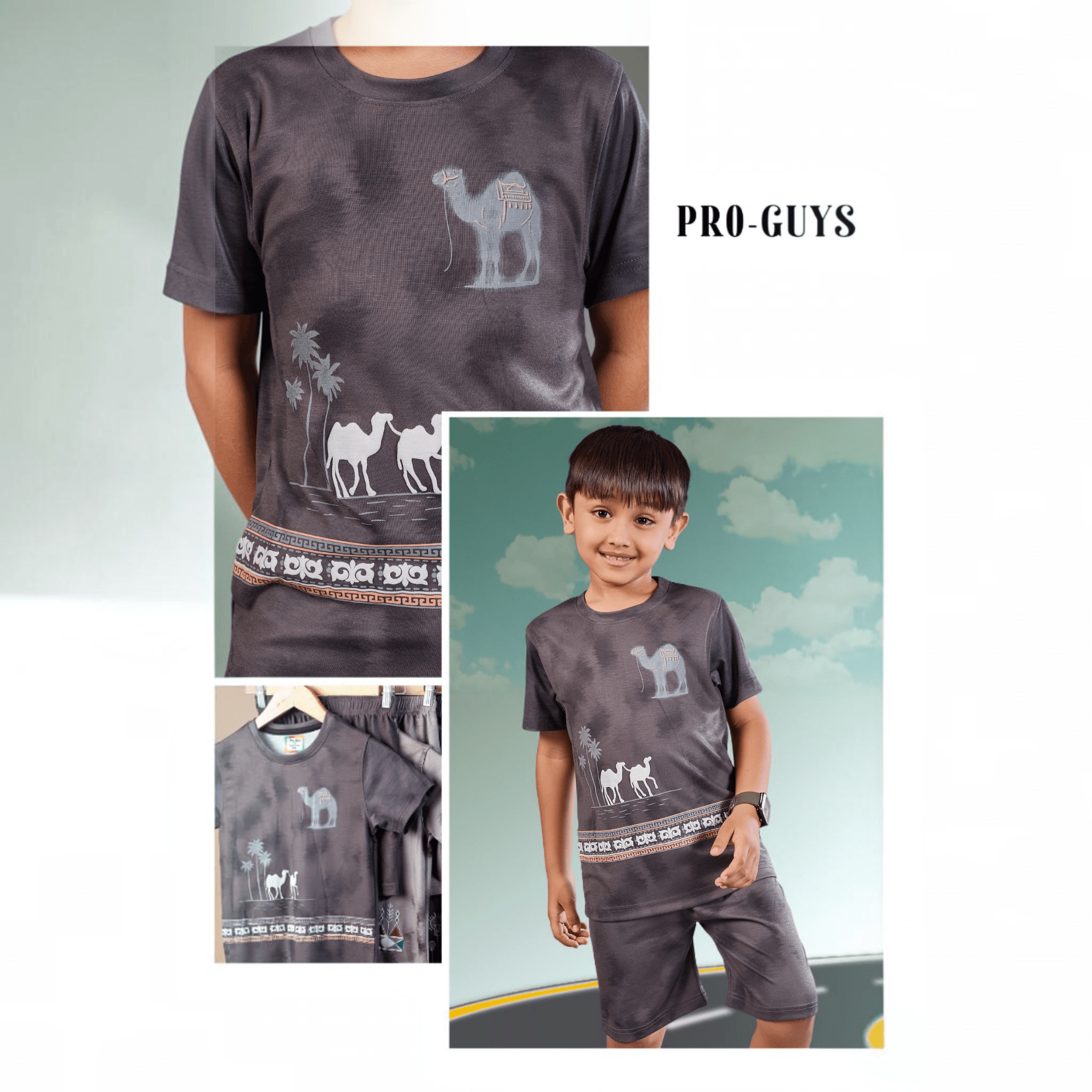 City Center Pro-Guys kids charcoal grey cotton co-ord set with camel and palm tree graphic print on t-shirt and shorts