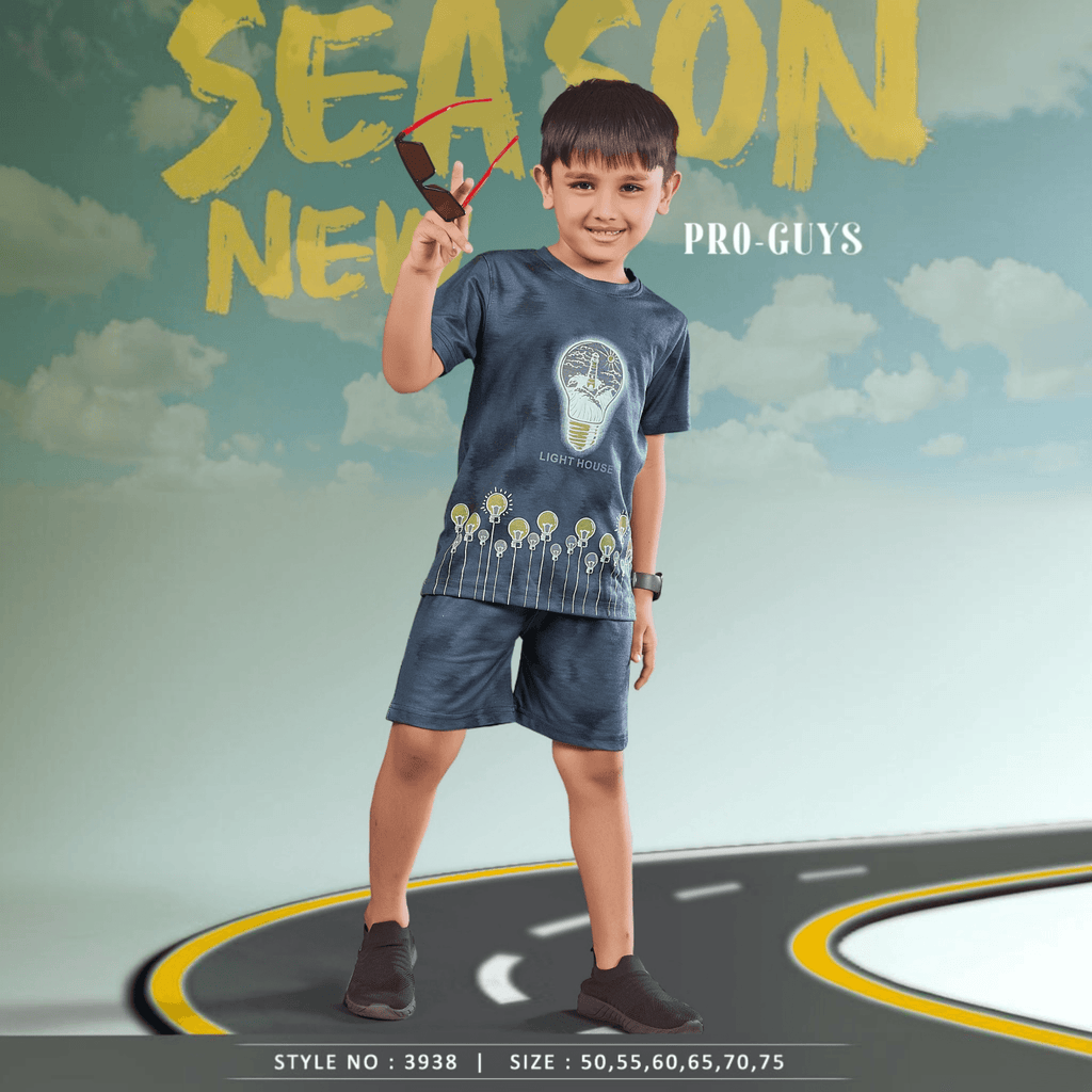 City Center Pro-Guys kids cotton co-ord set with blue graphic t-shirt and matching shorts worn by a young boy