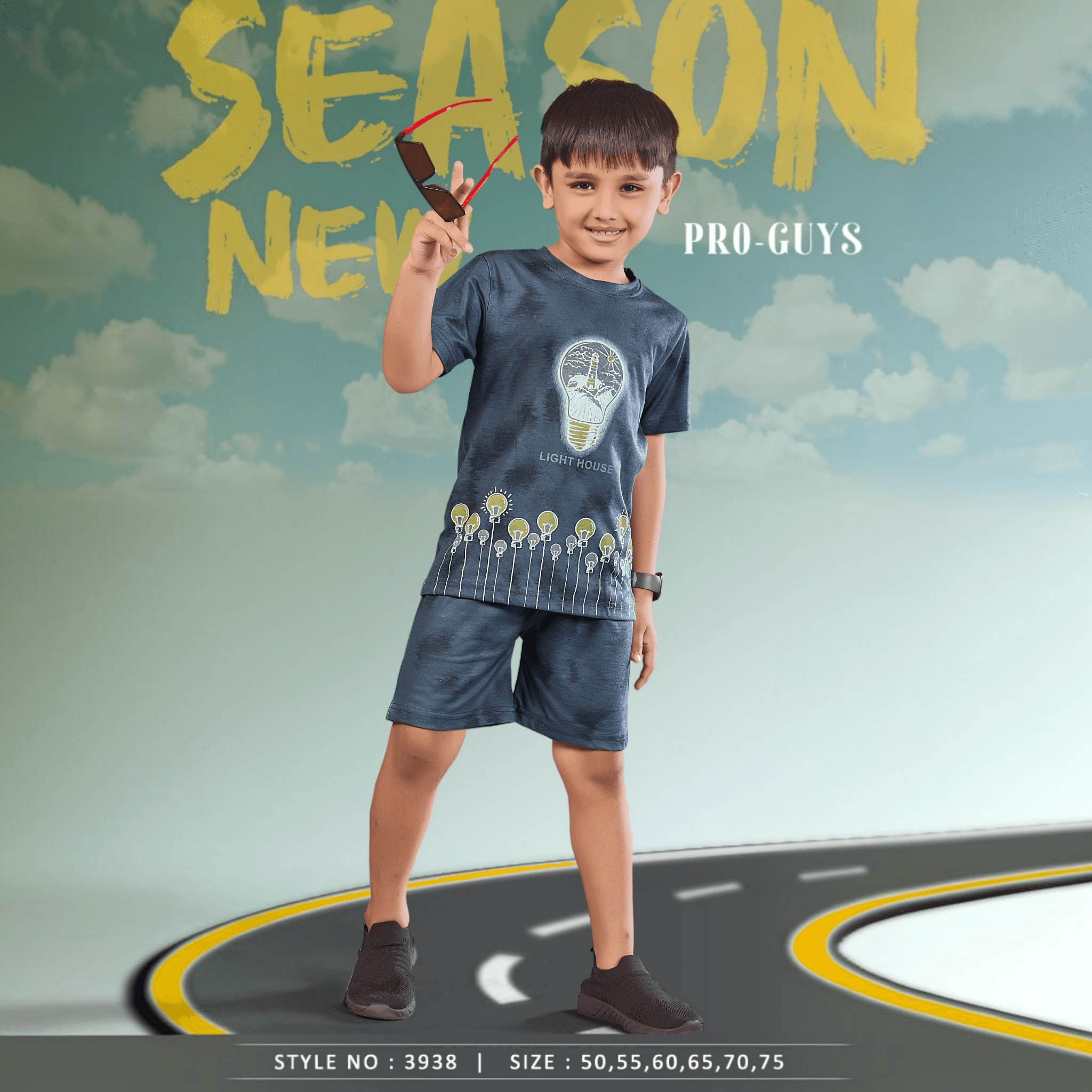 City Center Pro-Guys kids cotton co-ord set with blue graphic t-shirt and matching shorts worn by a young boy